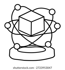 Ilustração abstrata de um cubo rodeado por círculos em órbita, representando ciência e tecnologia.