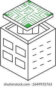Ilustración Abstractas de una estructura en forma de cubo con un cuadrado verde en forma de placa de circuito en la parte superior.