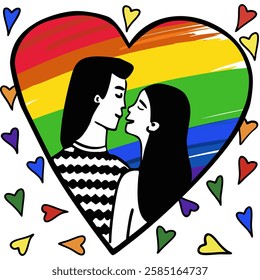 Abstract illustration of cute LGBT couple with rainbow hearts. Lesbian Couple Love Celebration Vector Stock Photo
