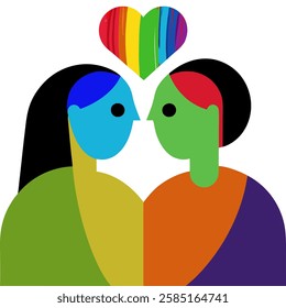 Abstract illustration of cute LGBT couple with rainbow hearts. Lesbian Couple Love Celebration Vector Stock Photo
