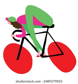 Abstract illustration of cyclist with elongated limbs in pink and green attire, riding black bicycle with oversized red wheels, leaning forward in racing position on white background. Sport concept