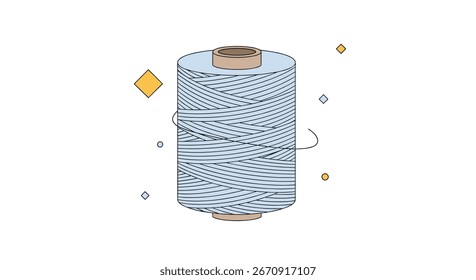 Abstract illustration of a cylindrical object with a textured surface and small geometric shapes floating around it