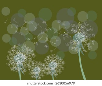 Abstract illustration of dandelions in the wind - delicate floral design on a green background. Nature background. EPS 10.