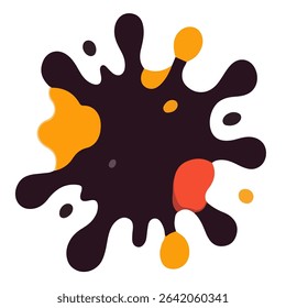 An abstract illustration of a dark brown ink blot with orange and yellow accents.