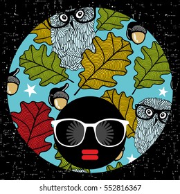 Abstract illustration of dark skin afro woman with colorful turban on her head. Vector print.