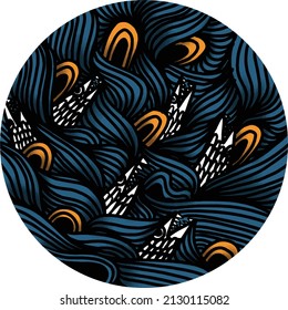 Abstract illustration of deep sea, marked with dark blue color, drawn lines like water and fish with odd shape. suitable for t-shirt design and others