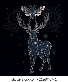 abstract illustration with deer, moth - sacred esoteric symbols, black and gold