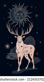 abstract illustration with deer, sun and moon - sacred esoteric symbols, black and gold