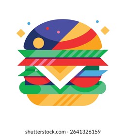 An abstract illustration depicting a cheeseburger using bold geometric shapes and vibrant colors. 