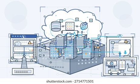 Eine abstrakte Abbildung, die die Vernetzung von Cloud-Diensten, Datenservern und Netzwerkinfrastrukturen darstellt. Mit stilisierten Symbolen für Datenspeicherung, Verarbeitung und Netzwerkverkehr.