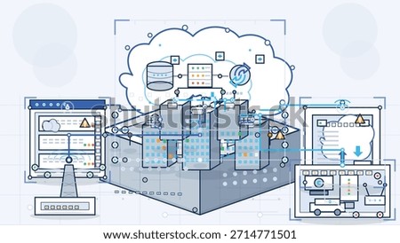 An abstract illustration depicting the interconnectedness of cloud services, data servers, and network infrastructure. Features stylized icons representing data storage, processing, and network traffic.
