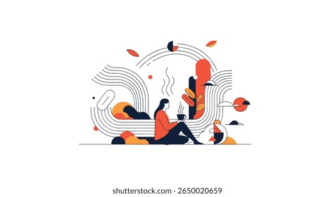 Abstract illustration depicting a person enjoying a beverage surrounded by organic shapes and natural elements conveying a sense of calm and creativity