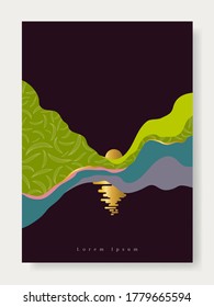 Abstract illustration depicting sunset over the lake on dark background. Abstract landscape of sunrise, wavy mountain with pattern.