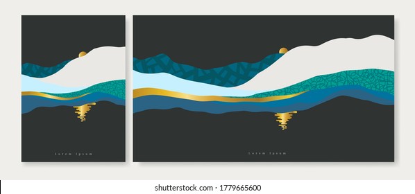 Abstract illustration depicting sunset over the lake on dark background. Abstract landscape of sunrise, wavy mountain with pattern.