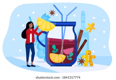 Abstract illustration depicting a tiny young beautiful happy smiling girl drinking mulled wine from a giant glass with a straw. Flat vector illustration with fictional character.
