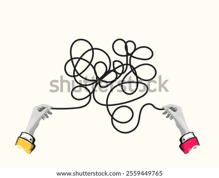 Abstract illustration depicting two hands pulling a tangled line, symbolizing complex problems and the search for solutions. Ideal for presentations, websites, and marketing materials related 