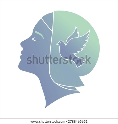 Abstract illustration depicting a woman's profile with a dove emerging from her mind, symbolizing inner peace and liberation