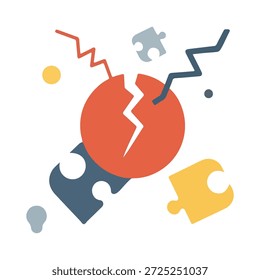 Una ilustración abstracta representa un círculo rojo con una grieta blanca irregular, que simboliza una ruptura o un fracaso. A su alrededor hay piezas de rompecabezas dispersas en azul, amarillo y gris, algunas entrelazadas y otras separadas. Las líneas en zigzag en rojo y azul oscuro emanan o apuntan hacia el círculo roto, lo que sugiere interrupción o conflicto. Pequeños puntos y círculos en amarillo, gris y gris oscuro se suman a la composición abstracta y dinámica. Las imágenes generales transmiten temas de fragmentación, malentendidos, falta de conexión o un sistema que se desmorona.