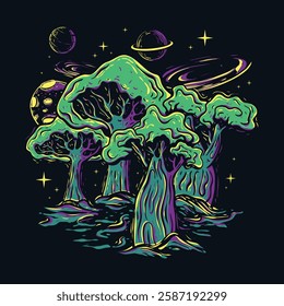 An abstract illustration depicts stylized trees on a planet under a cosmic sky with planets and stars.