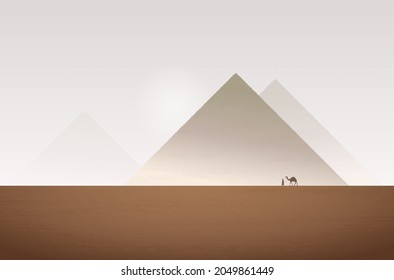 Abstract Illustration Of Desert And Pyramids In Haze, Silhouette Of Man With Camel - Vector File