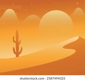 An abstract illustration of a desert scene at sunset, featuring a large sun, a cactus, and rolling sand dunes.