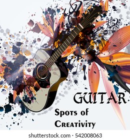 Abstract illustration  design with ink spots, ornament and guitar