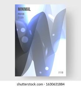 Abstract illustration, design of poster. Creative concept. Monochrome wavy 3d form and neon shine, sparks. Presentation, placard and banner. Eps10 vector.