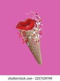 Abstract illustration dessert with the waffle and lips for Valentines cards, posters, wallpapers. Isolated pink background.