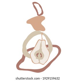 Abstract illustration with different shapes and half of pear fruit in soft colors