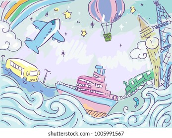 Abstract Illustration of Different Ways to Travel from Airplane, Hot Air Balloon, Train, Bus to Cruise Ship