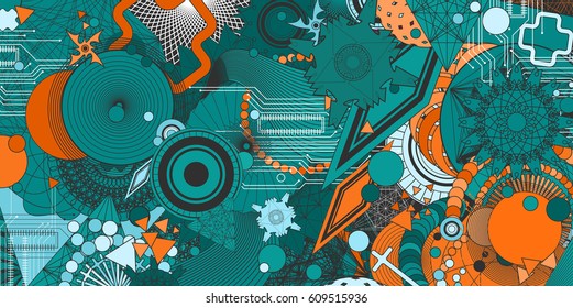 Abstract illustration. Difficult interesting background. Nice wallpaper, banner, cover. Geometrical illustration with many elements. Editable content.