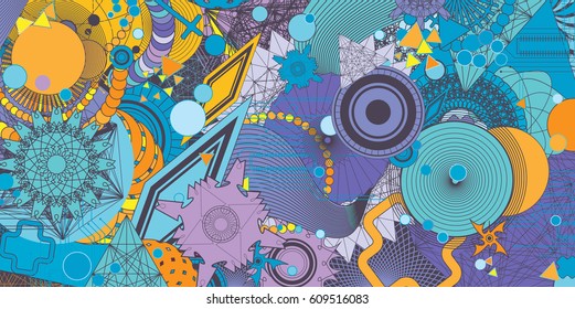 Abstract illustration. Difficult interesting background. Nice wallpaper, banner, cover. Geometrical illustration with many elements. Editable content.
