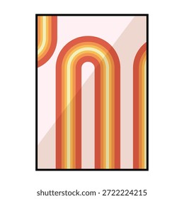 Ilustração abstrata mostrando um padrão rítmico de listras arqueadas na paleta de cores quente dos anos 70, criando uma estética nostálgica e moderna para o design contemporâneo