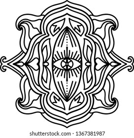 Abstract illustration. Doodle pattern with eye sign. Mystical geometry element. Alchemy, astrology, occult sacred symbol.  Coloring book page for adults.