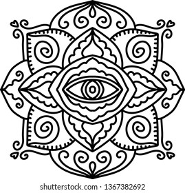 Abstract illustration. Doodle pattern with eye sign. Mystical geometry element. Alchemy, astrology, occult, philosophy sacred symbol.  Coloring book page for adults.