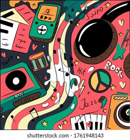 Ilustración abstracta de un garabato sobre el tema de la música. Rock, pop, jazz, auriculares y cassette.