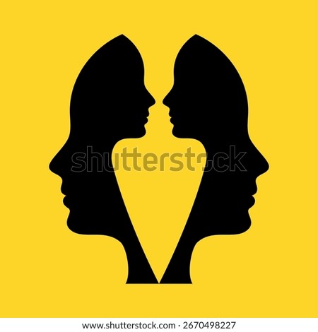 Abstract illustration of double human faces symbolizing split personality, dual mind. Optical illusion of profiles forming hidden figures, concept of psychology, identity, dissociation, inner conflict