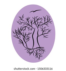 Abstract illustration. Dry tree, eagle. Isolated purple background