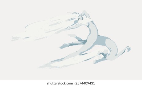 Abstract illustration of a dynamic, flowing figure in soft blue tones, suggesting movement and grace. The figure is stylized and ethereal, with sweeping lines. Vintage style art, isolated vector.