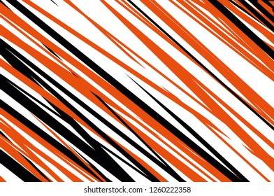Abstract illustration with dynamic grungy lines. Diagonal vintage pattern. Digital art. Black and orange stripes on white background. 