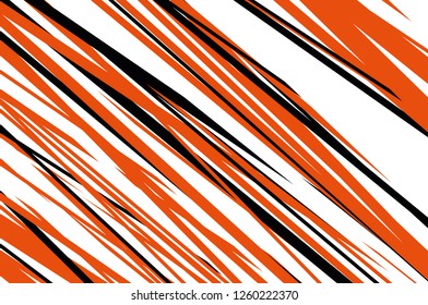 Abstract illustration with dynamic grungy lines. Diagonal vintage pattern. Digital art. Black and orange stripes on white background. 