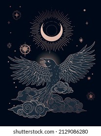 abstract illustration esoteric flying bird - raven with half moon in the sky, black and gold