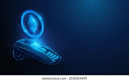 Ilustração abstrata do sinal da criptomoeda ETH do etthereum sobre o terminal pagante do pos no estilo poli baixo. Fundo geométrico azul que representa o processo de pagamento no conceito de terminal de ponto de venda por arames