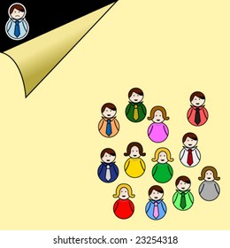 Abstract illustration of exclusion, discrimination, isolation in a business company or in modern society. People in the group are smiling while the excluded man is unhappy.