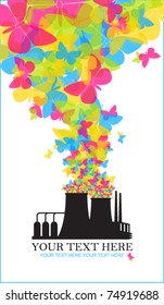 Abstract illustration of factory with butterflies. Vector. Place for your text.