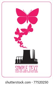 Abstract illustration of factory with butterflies. Vector. Place for your text.
