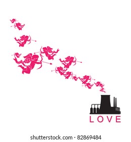 Abstract illustration of factory with cupids. Vector
