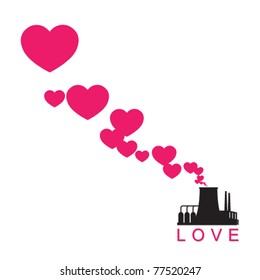 Abstract illustration of factory with hearts. Vector. Place for your text.