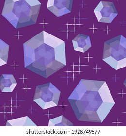 Abstract Illustration Of Falling, Flying Crystals, Magic Stones Among Stars. Seamless Vector Pattern For Design Of Tarot Cards, Esoteric Sessions, Textiles, Packaging.