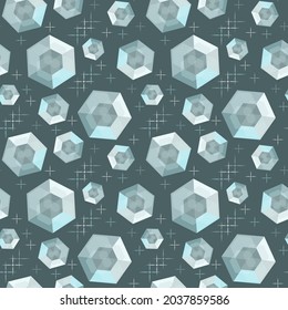 Abstract Illustration Of Falling, Flying Crystals, Magic Stones Among Stars. Seamless Vector Pattern For Design Of Tarot Cards, Esoteric Sessions, Textiles, Packaging.